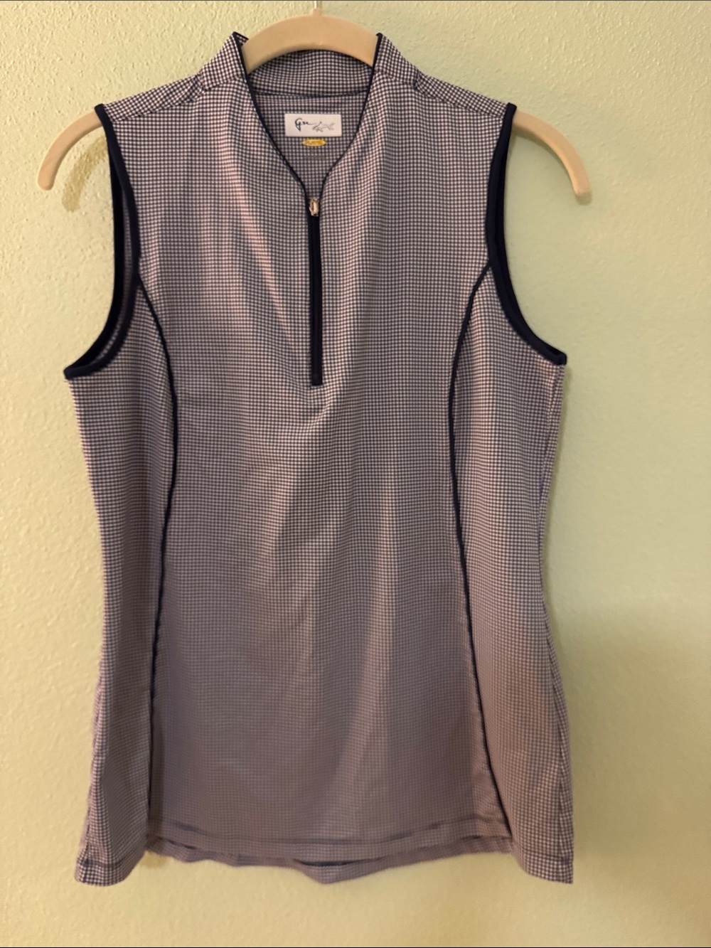 Greg Norman Collection Navy & White Micro-Gingham Sleeveless Zip Polo